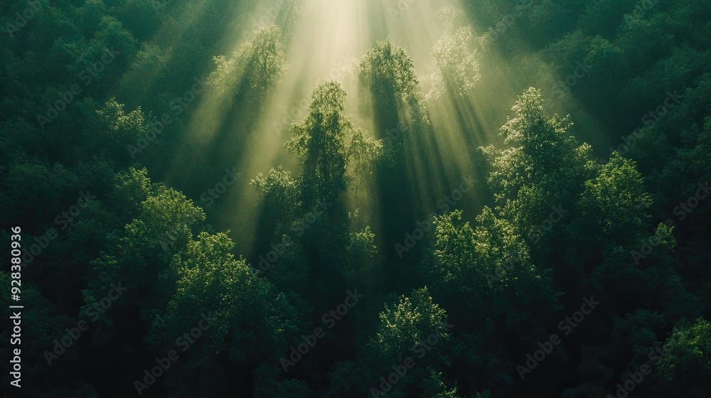 Obraz premium Aerial view of a dense forest with sunlight filtering through the trees, captured by a drone.v