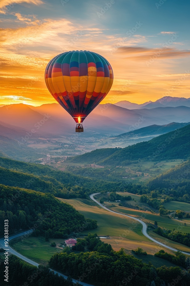 Naklejka premium Colorful Hot Air Balloon Soaring Over Scenic Mountain Valley at Sunrise with Vibrant Sky and Rolling Hills