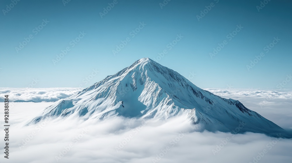 Aerial view of a snowy mountain peak under a clear blue sky.