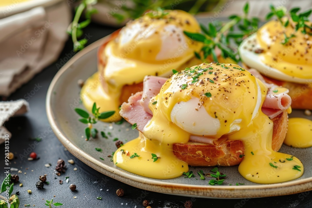 Eggs Benedict English muffins ham poached eggs hollandaise sauce Eggs Benedict English muffins ham poached eggs hollandaise sauce