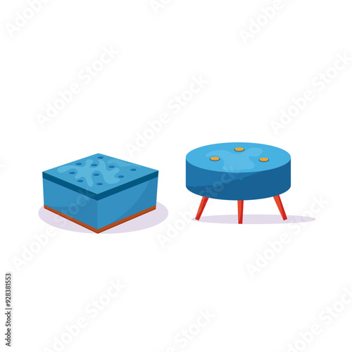 Blue  pouf in trendy flat style. Pouf furniture icon. Soft chair in front and left view. Vector illustration isolated on white background.