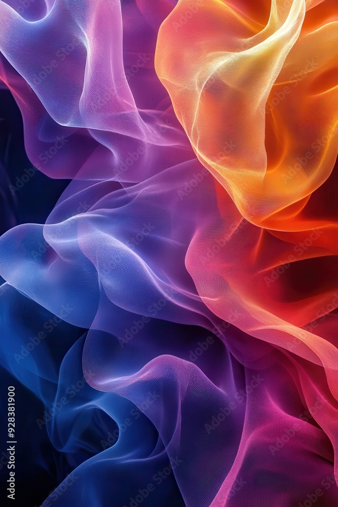 Abstract Colorful Smoke-Like Fabric Waves in Vibrant Gradient Hues of Orange, Purple, and Blue