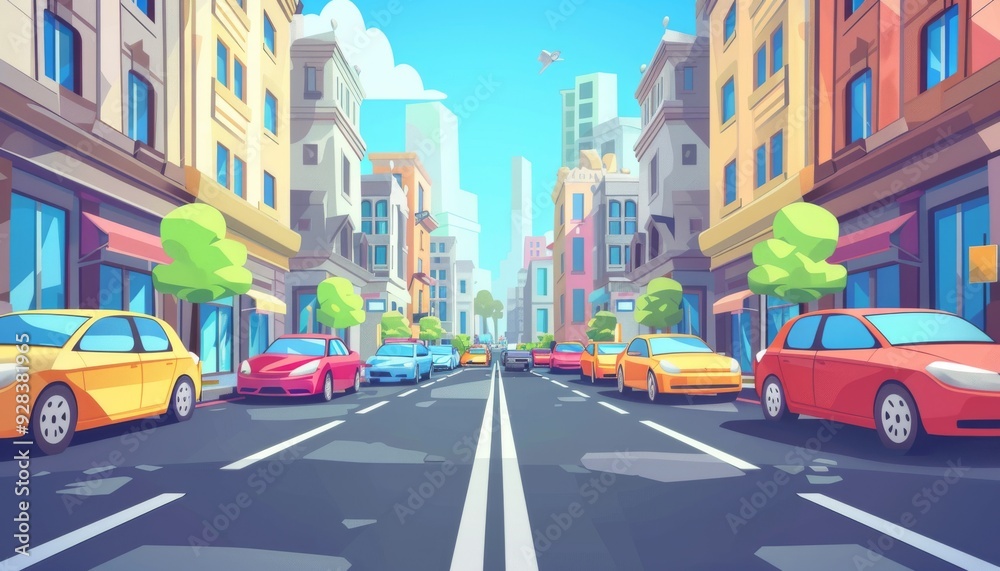 Naklejka premium Vibrant city street scene. Sunny day in the city. Colorful city street view. Cartoon 2d cityscape illustration background.