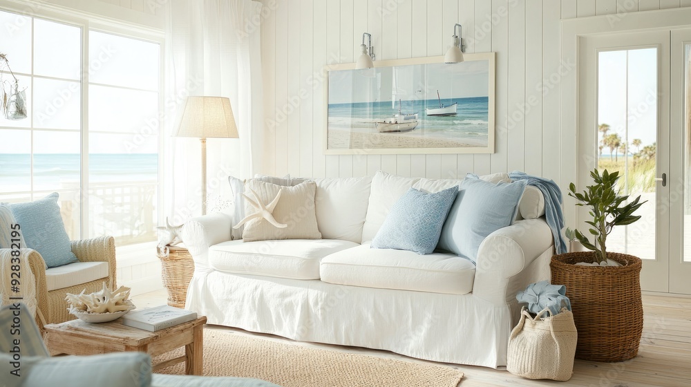 Fototapeta premium A beach-themed living room with a white slipcovered sofa, coastal decor, and light, airy colors.