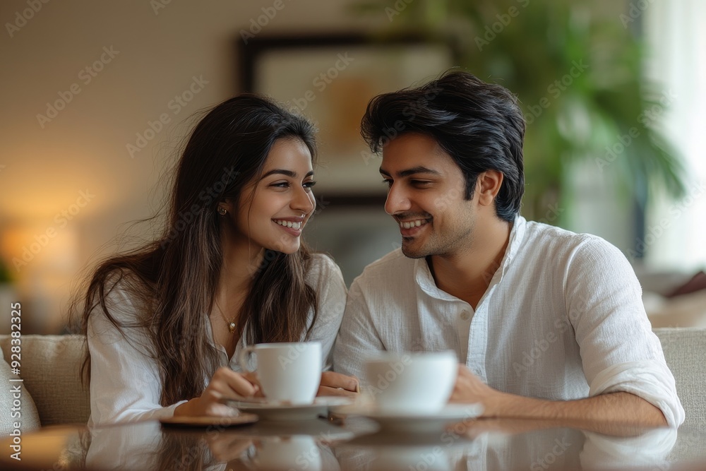 Indian asian young couple taking selfie using smartphone at home, Generative AI Indian asian young couple taking selfie using smartphone at home, Generative AI