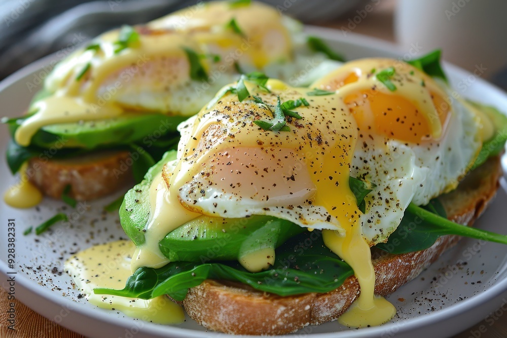 Eggs Benedict with hollandaise spinach and avocado on toast Eggs Benedict with hollandaise spinach and avocado on toast