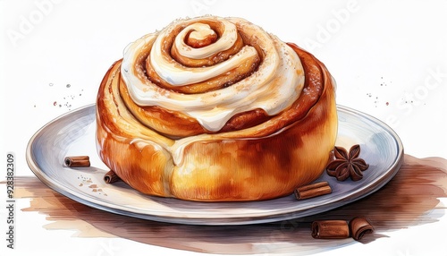 A delicious cinnamon roll topped with creamy icing, presented on a plate with cinnamon sticks, perfect for breakfast or dessert. photo