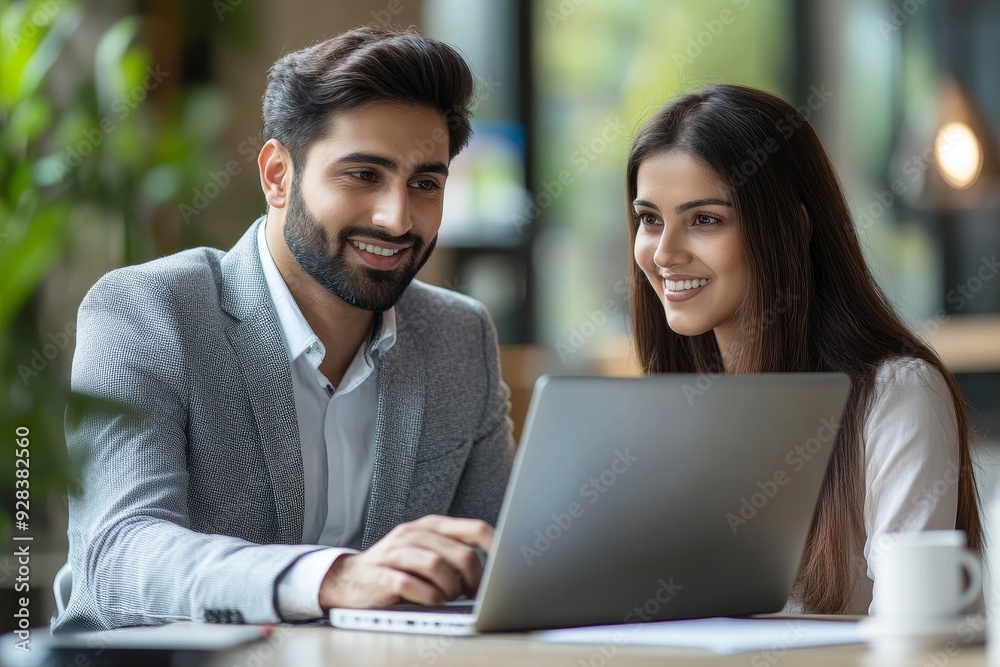 Indian asian young CEO businessman working with female colleague in the office using laptop computer, Generative AI