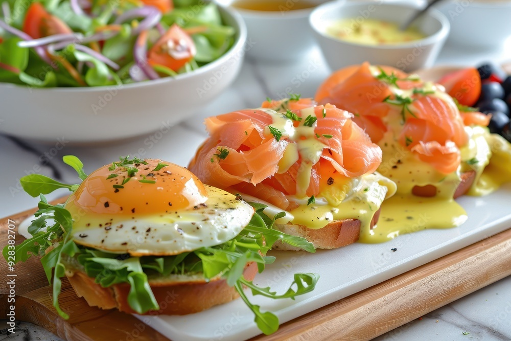 Eggs Benedict with smoked salmon salad and hollandaise sauce on board Eggs Benedict with smoked salmon salad and hollandaise sauce on board