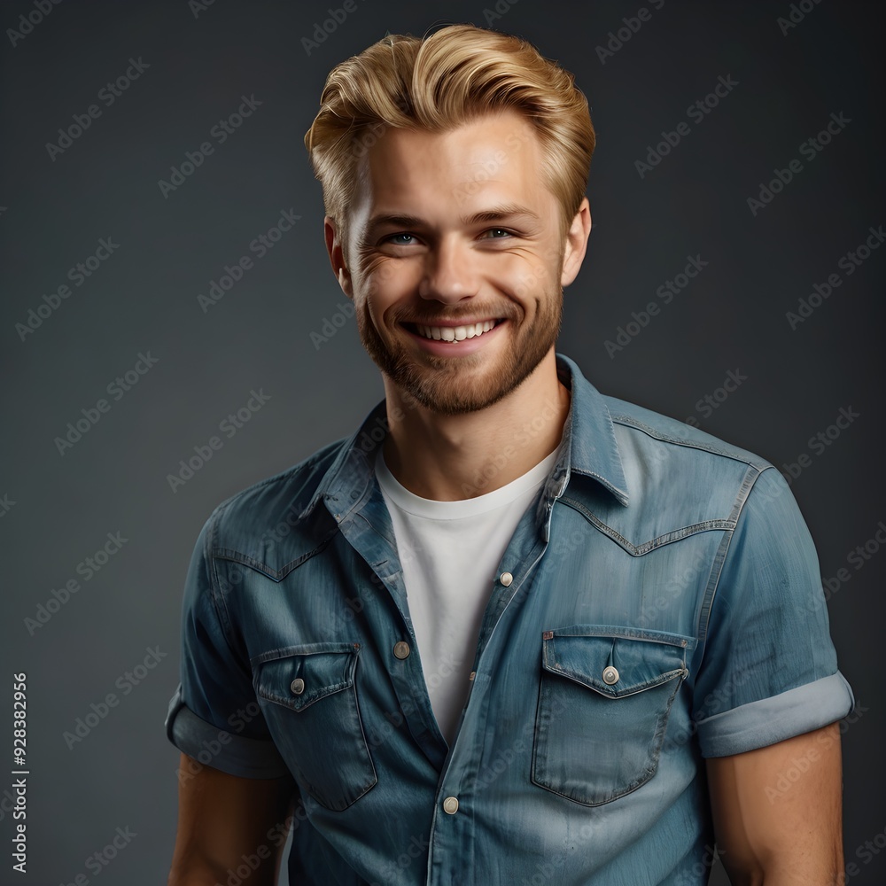 Fototapeta premium cheerful man with blonde hair in a light denim shirt, casual and confident vibe, perfect for lifestyle, fashion and summer-themed promotions