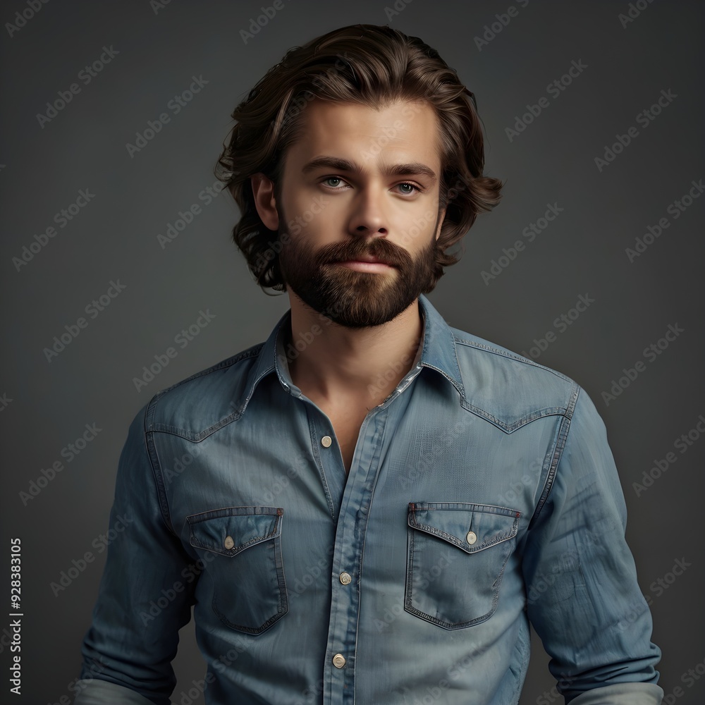Obraz premium young man with long hair and a beard wearing a denim shirt, casual and trendy look, studio portrait showcasing modern men's fashion styles
