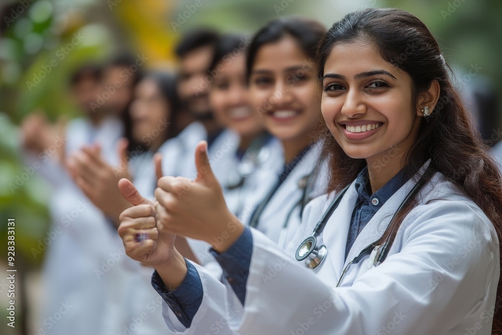Indian asian group of medical doctors thumbs up, clappiing or celebrating success, Generative AI Indian asian group of medical doctors thumbs up, clappiing or celebrating success, Generative AI