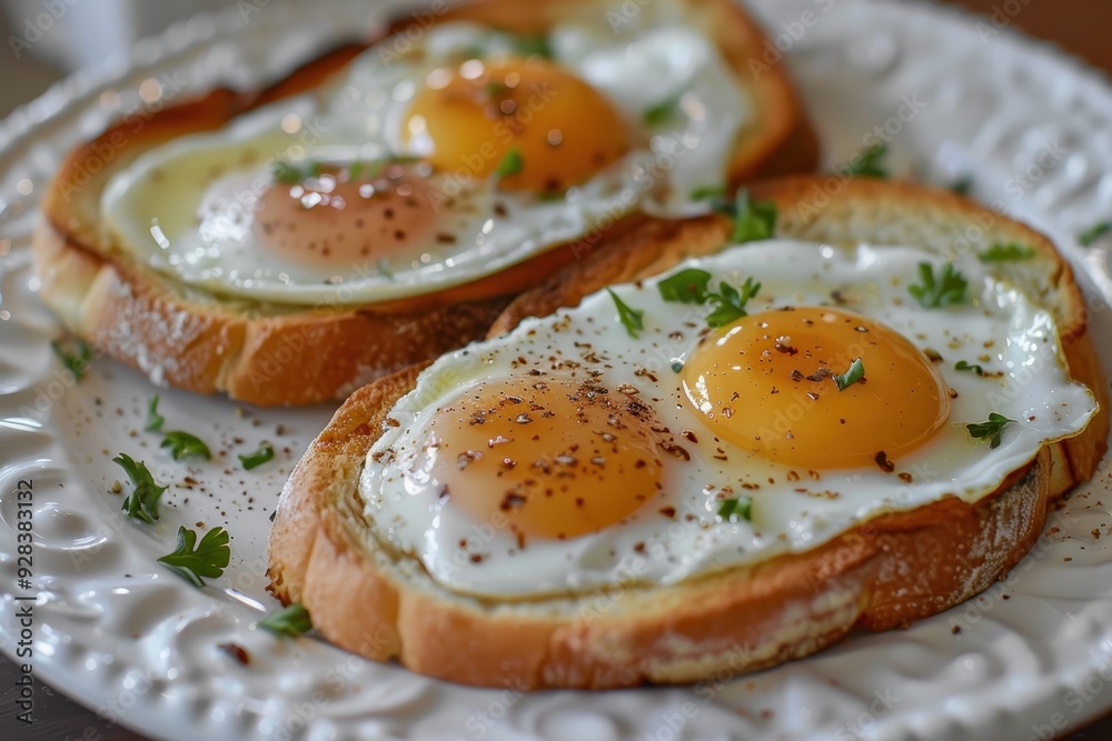 Eggs on bread sit on a white plate Eggs on bread sit on a white plate
