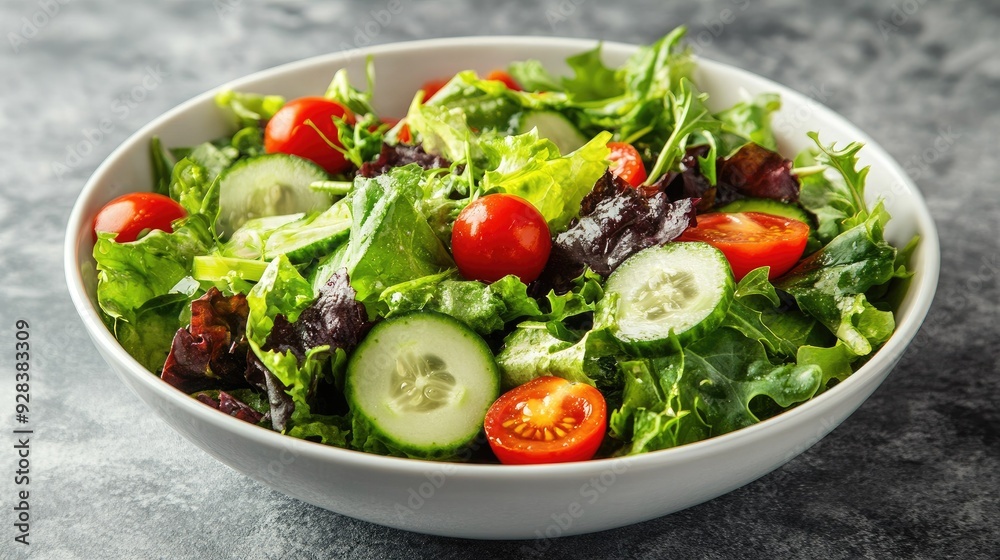 A bowl of mixed greens salad with cherry tomatoes, cucumbers, and a light vinaigrette dressing. A bowl of mixed greens salad with cherry tomatoes, cucumbers, and a light vinaigrette dressing.