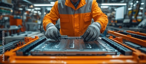 Technician Assembling Electric Vehicle Battery in Modern Industrial Factory Setting