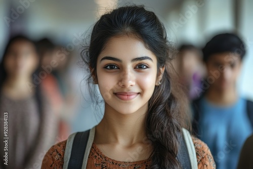 Successful Indian female student with group of college students at classroom of university, Generative AI