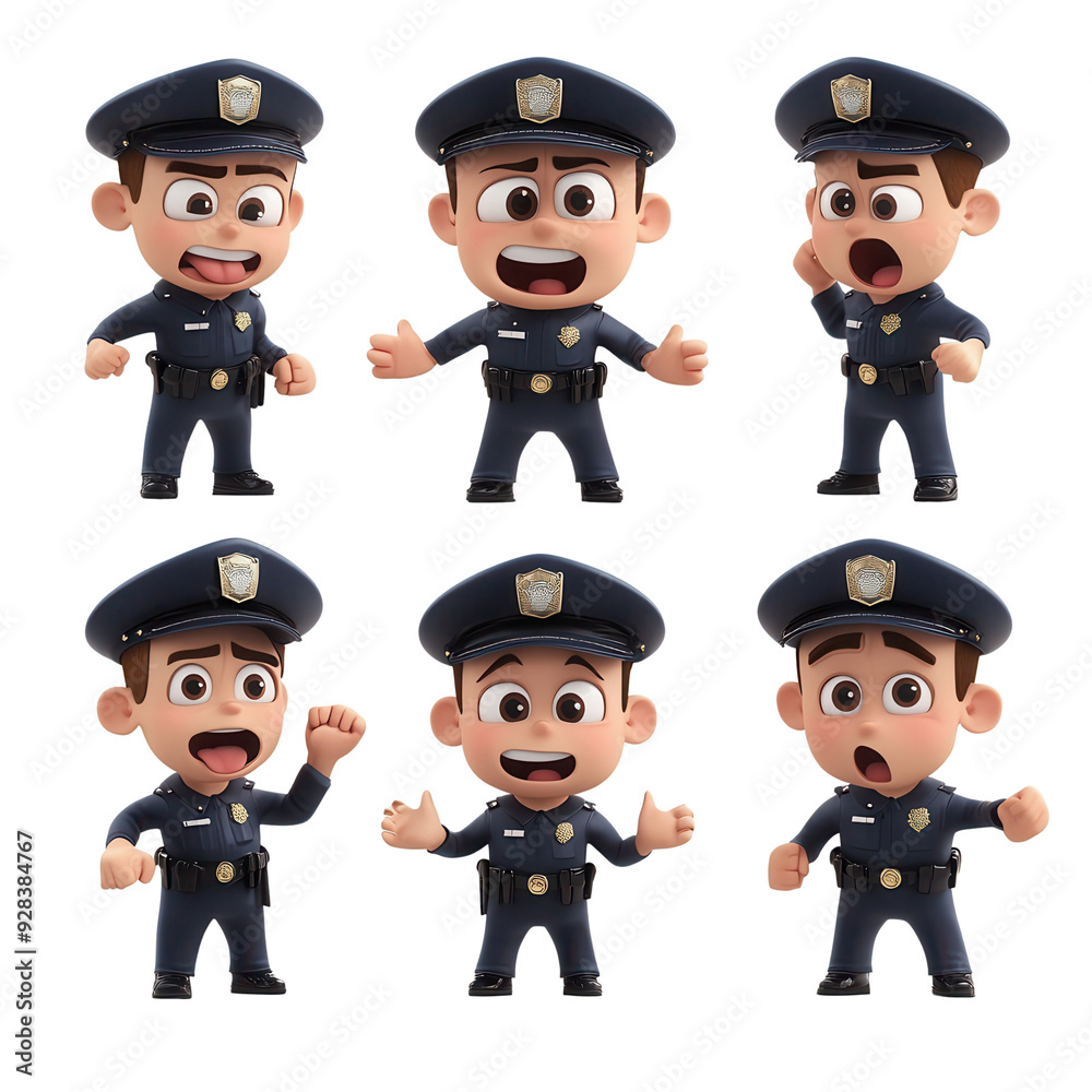 A cheerful cartoon police officer showcasing various expressive poses, perfect for conveying fun and community themes. isolated on a transparent background A cheerful cartoon police officer showcasing various expressive poses, perfect for conveying fun and community themes. isolated on a transparent background