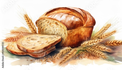 Freshly baked loaf of bread with slices and wheat ears, perfect for showcasing homemade baking and organic ingredients.