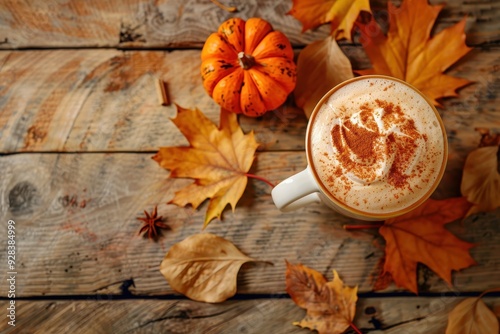 Fall scene with PSL leaves and pumpkin on wood Seasonal concept with hot beverage photo