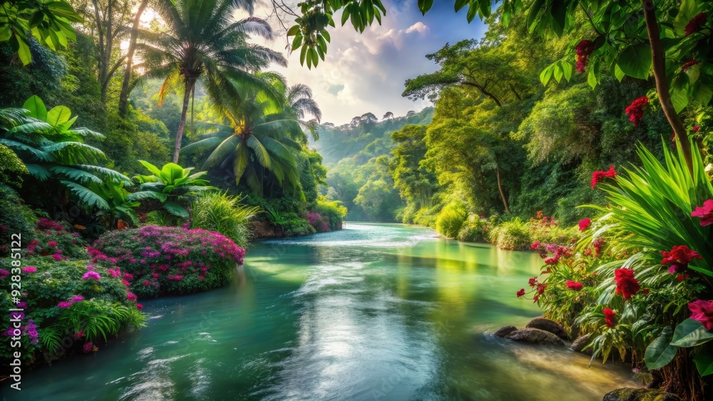 Serene tropical rainforest surroundings with lush green foliage and vibrant flowers overlooking a tranquil, crystal-clear river flowing gently through the heart of the jungle. Serene tropical rainforest surroundings with lush green foliage and vibrant flowers overlooking a tranquil, crystal-clear river flowing gently through the heart of the jungle.