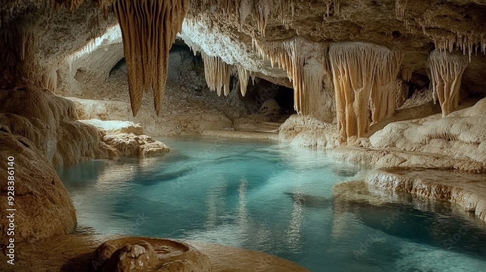 Naklejka premium Imagine swimming in a cave pool, the cool water and unique rock formations creating a mystical environment.