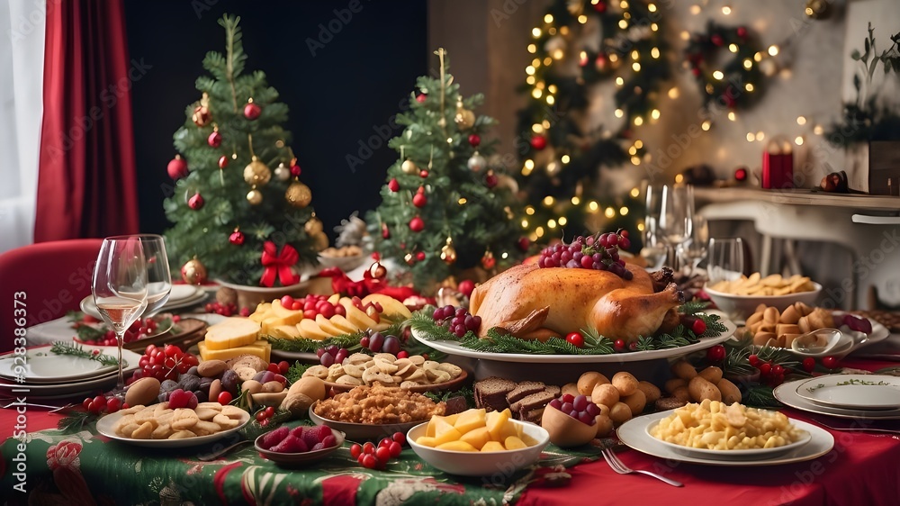 Christmas dinner table laden with food and snacks, decorated for the New Year with a background of a Christmas tree. Christmas dinner table laden with food and snacks, decorated for the New Year with a background of a Christmas tree.