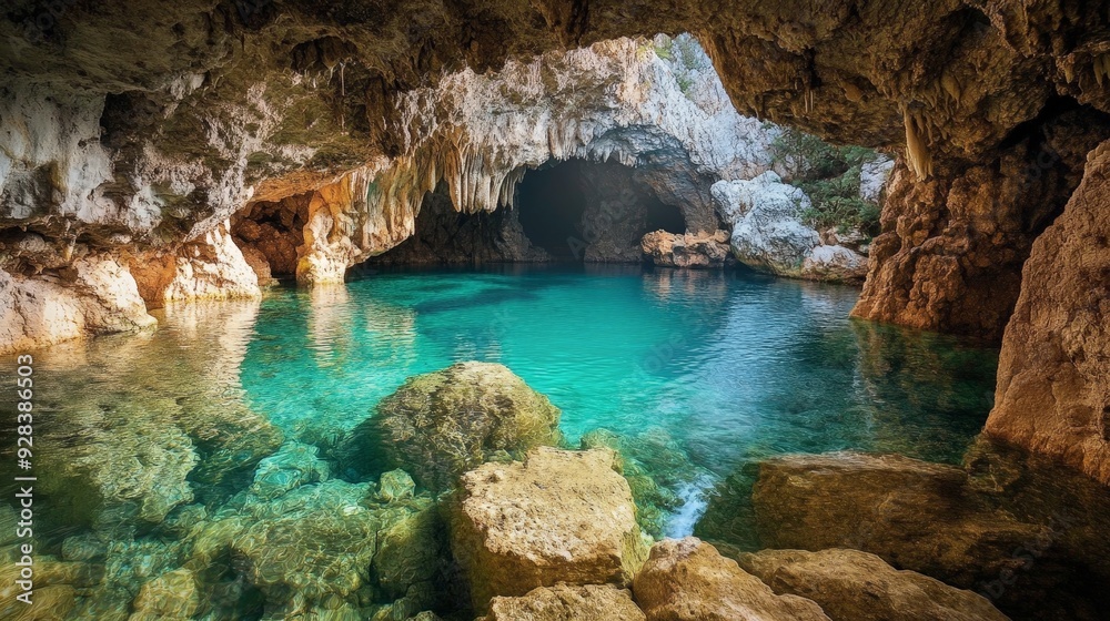 Naklejka premium Imagine swimming in a cave pool, the cool water and unique rock formations creating a mystical environment.