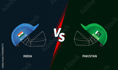 India vs Pakistan illustration cricket match helmets. IND vs PAK vector illustration flags on helmet isolated on dark blue and green background
