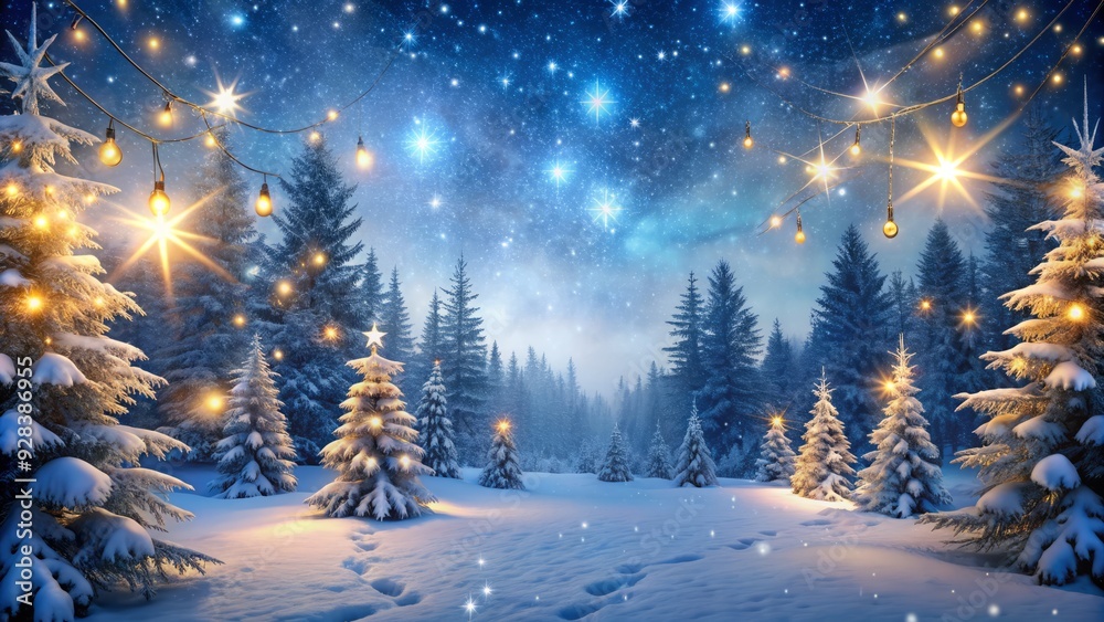 Snowflakes gently fall on a serene winter night, illuminating a magical Christmas background with twinkling stars, frosty trees, and soft, glowing lights.