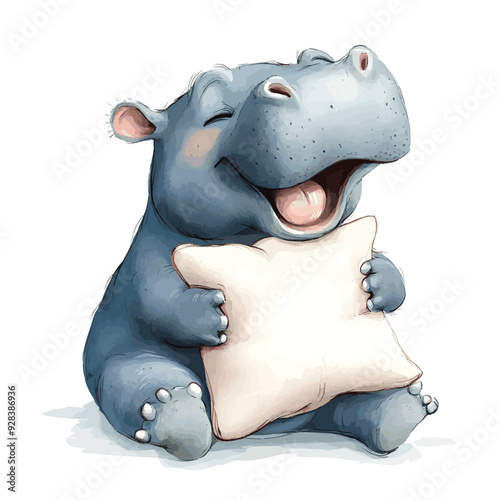 yawning little funny cute baby hippo sitting and holding a pillow