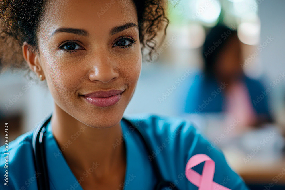 Smiling healthcare professional with breast cancer awareness ribbon Smiling healthcare professional with breast cancer awareness ribbon