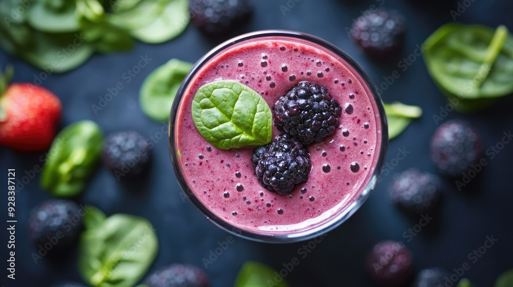A healthy smoothie made with berries, spinach, and a protein powder. A healthy smoothie made with berries, spinach, and a protein powder.