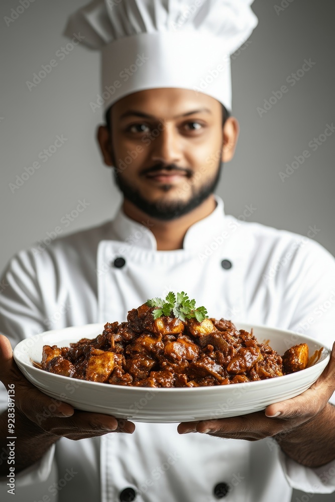 Indian asian male Chef in uniform holding rotten smelly dish, isolated white background, Generative AI Indian asian male Chef in uniform holding rotten smelly dish, isolated white background, Generative AI