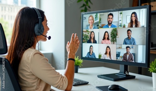 Professional Indian Female Conducting a Remote Team Video Conference photo