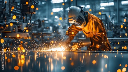 Industrial Worker Welding Metal with Sparks Flying