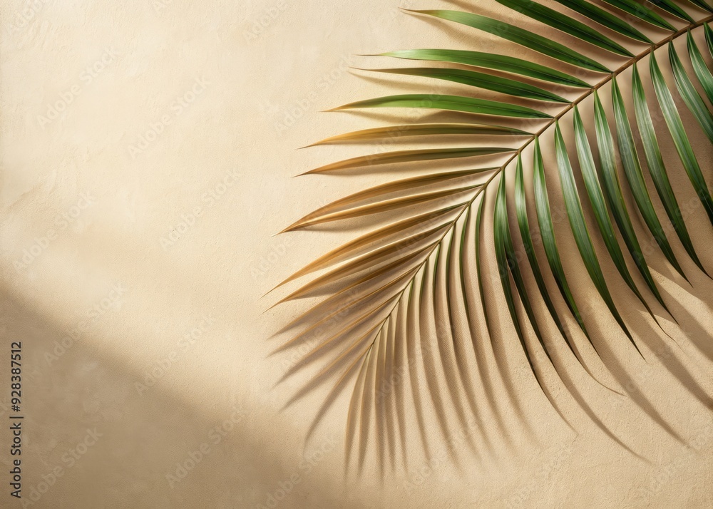Obraz premium Soft natural palm leaf shadow naturally falls on a light beige sandy background, providing ample copyspace for text, evoking a sense of summer serenity and minimalism.