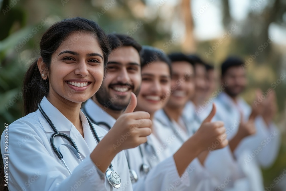 Indian asian group of medical doctors thumbs up, clappiing or celebrating success, Generative AI Indian asian group of medical doctors thumbs up, clappiing or celebrating success, Generative AI