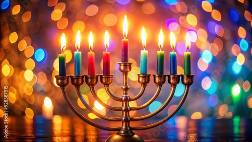 Softly blurred Hanukkah menorah with vibrant colored candles set against a warm, festive background, evoking a sense of joy and celebration during the Jewish holiday.