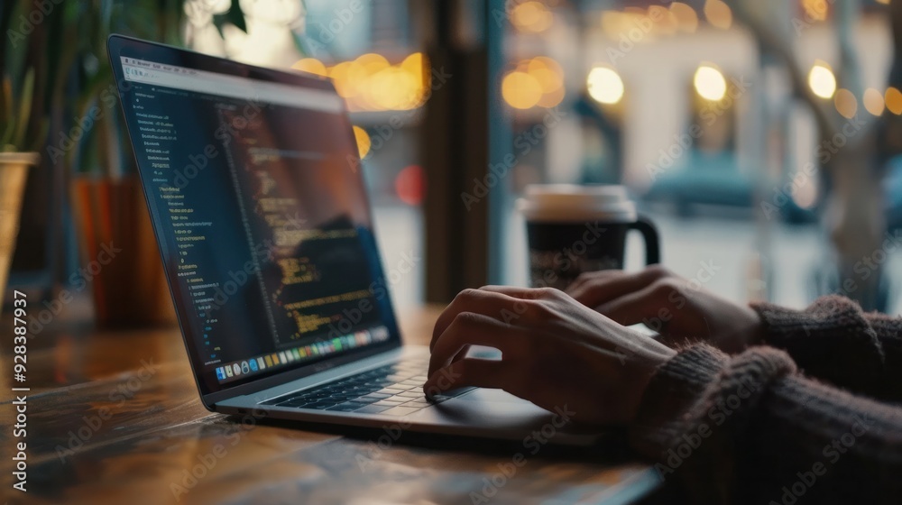 Tech startup team member writing code on a laptop, with a cup of coffee by their side, illustrating dedication and focus. Tech startup team member writing code on a laptop, with a cup of coffee by their side, illustrating dedication and focus.