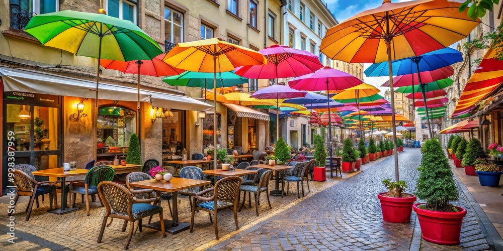 Colorful Umbrellas Line a Cobblestone Street in a European Town, Street Cafe, Europe, Travel, Patio