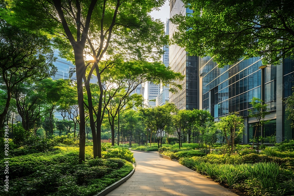 Fototapeta premium Urban green space with skyscrapers and modern buildings