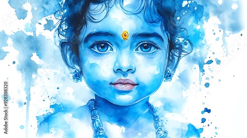 Watercolor illustration of hindu god krishna. photo