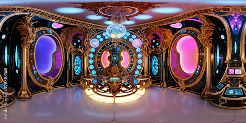 Full 360 degrees seamless spherical panorama HDRI equirectangular projection of sleek spaceship laboratory. Texture environment map for lighting and reflection source rendering 3d scenes.	
