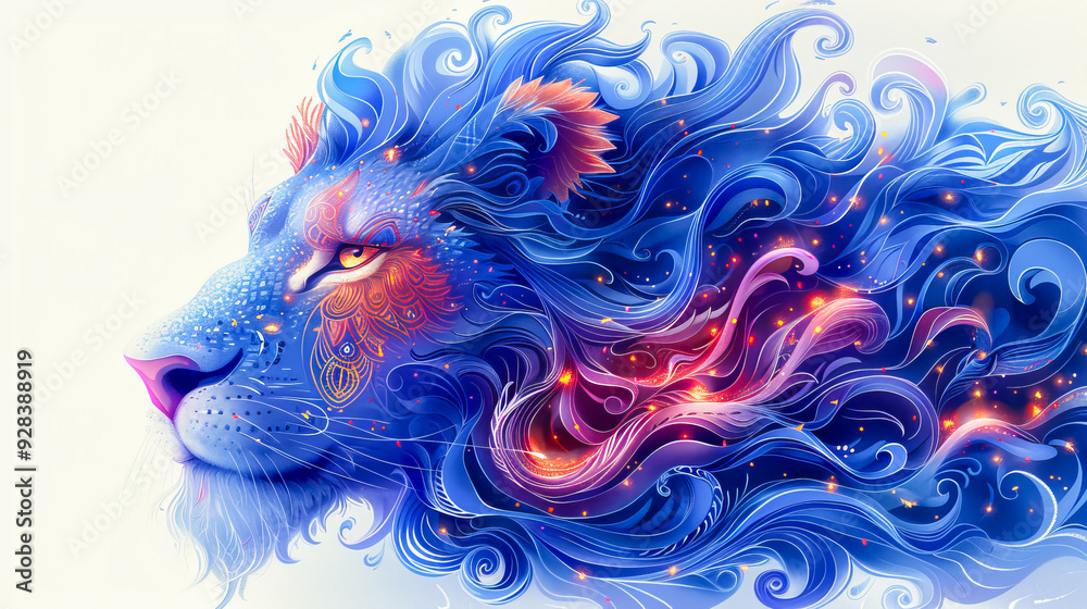 Majestic blue lion surrounded by swirls of colorful patterns Majestic blue lion surrounded by swirls of colorful patterns