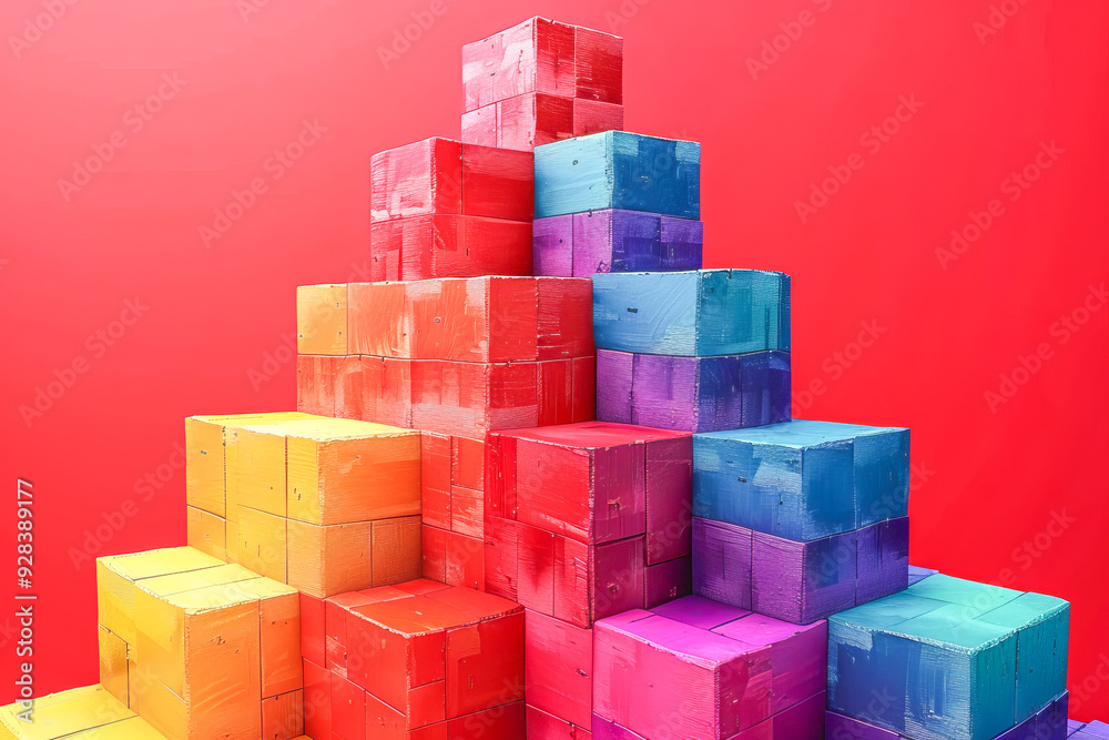 Obraz premium Rainbow colored wooden toy blocks forming an upward pyramid on red background