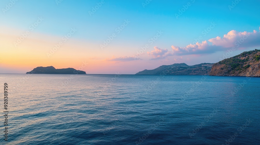 A panoramic sea view at dawn, with blue waters and a serene, quiet atmosphere. A panoramic sea view at dawn, with blue waters and a serene, quiet atmosphere.