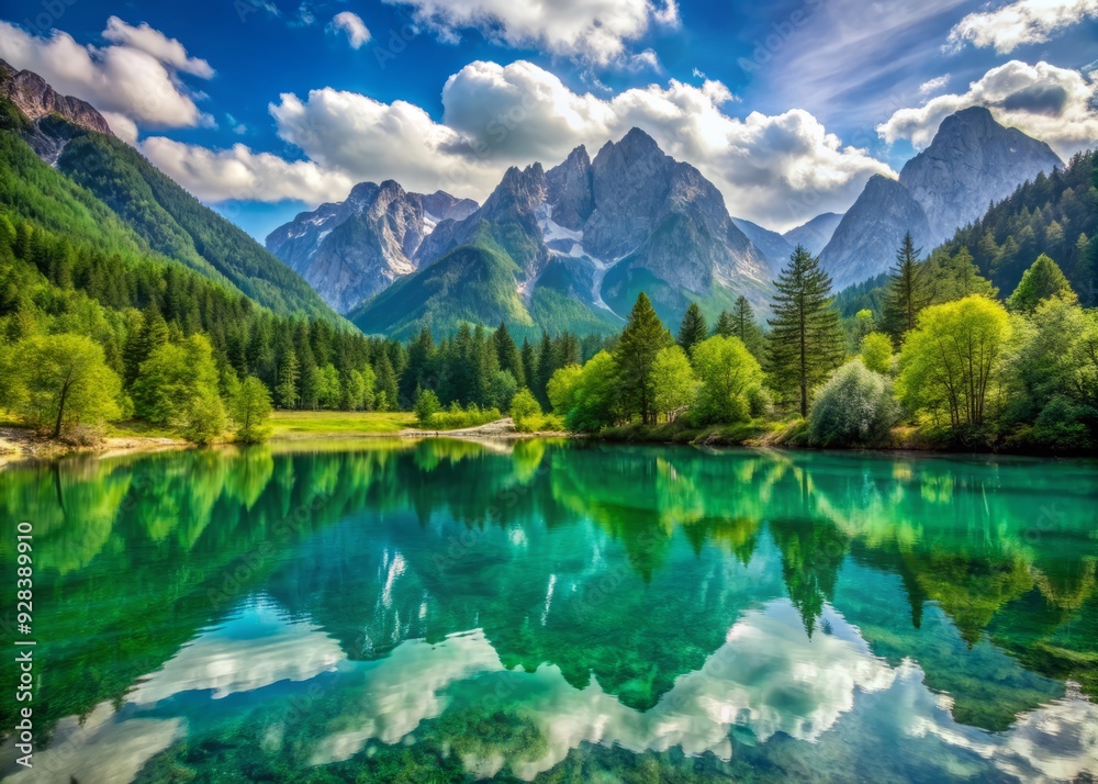 Turquoise Mountain Lake Jasna reflects majestic Alps in serene Triglav National Park, surrounded by lush greenery, near Kranjska Gora, Slovenia, Europe. Turquoise Mountain Lake Jasna reflects majestic Alps in serene Triglav National Park, surrounded by lush greenery, near Kranjska Gora, Slovenia, Europe.