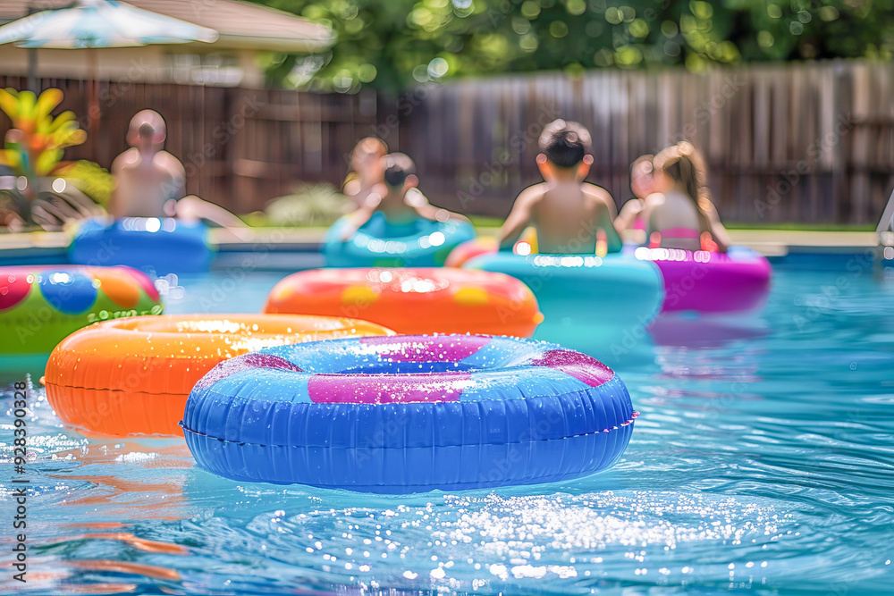 Obraz premium Colorful inflatable rings floating in swimming pool during pool party