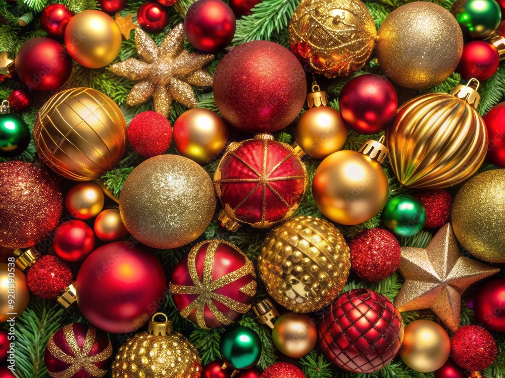 Festive Symmetry: Overhead shot of beautifully arranged Christmas decorations, elegant, balanced, red, gold, green Festive Symmetry: Overhead shot of beautifully arranged Christmas decorations, elegant, balanced, red, gold, green