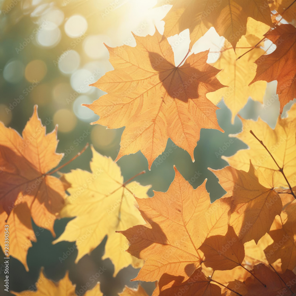 Fototapeta premium Beautiful autumn foliage background with brunches and falling tree leaves at sky with bokeh